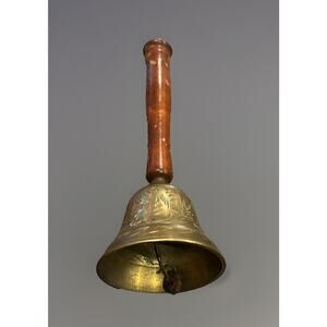 VTG Hand Held Brass w Wood Handle School Dinner Bell 9" India Signal Etched NICE